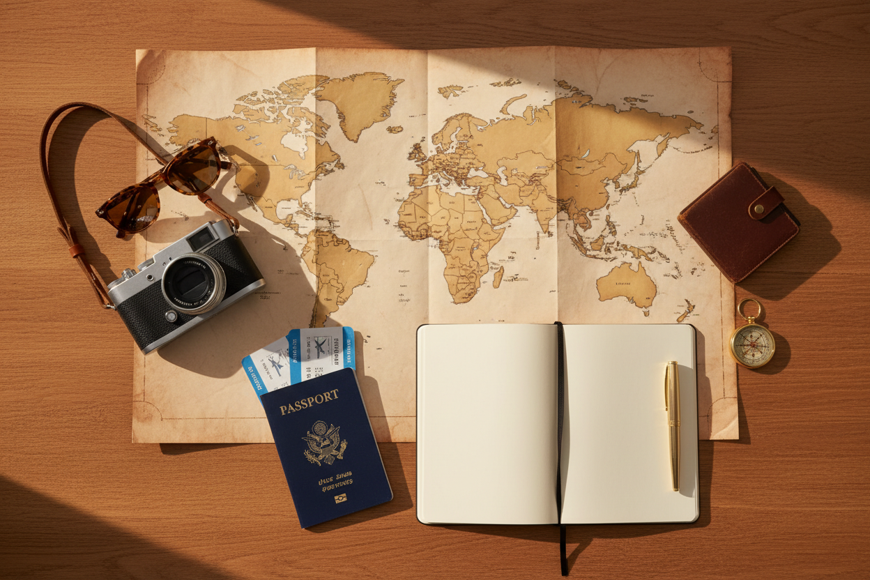 A warm, cinematic flat-lay photo of travel essentials arranged on a wooden table. An open world map sits at the center, surrounded by a camera, sunglasses, a passport, plane tickets, and a small notebook with a pen. Soft golden-hour light enters from the side, creating gentle warm highlights and long, natural shadows. Colors are warm but balanced, with tones of beige, peach, and light gold. Everything looks clean, modern, and realistic, evoking the excitement of planning a journey. No people, no text, minim